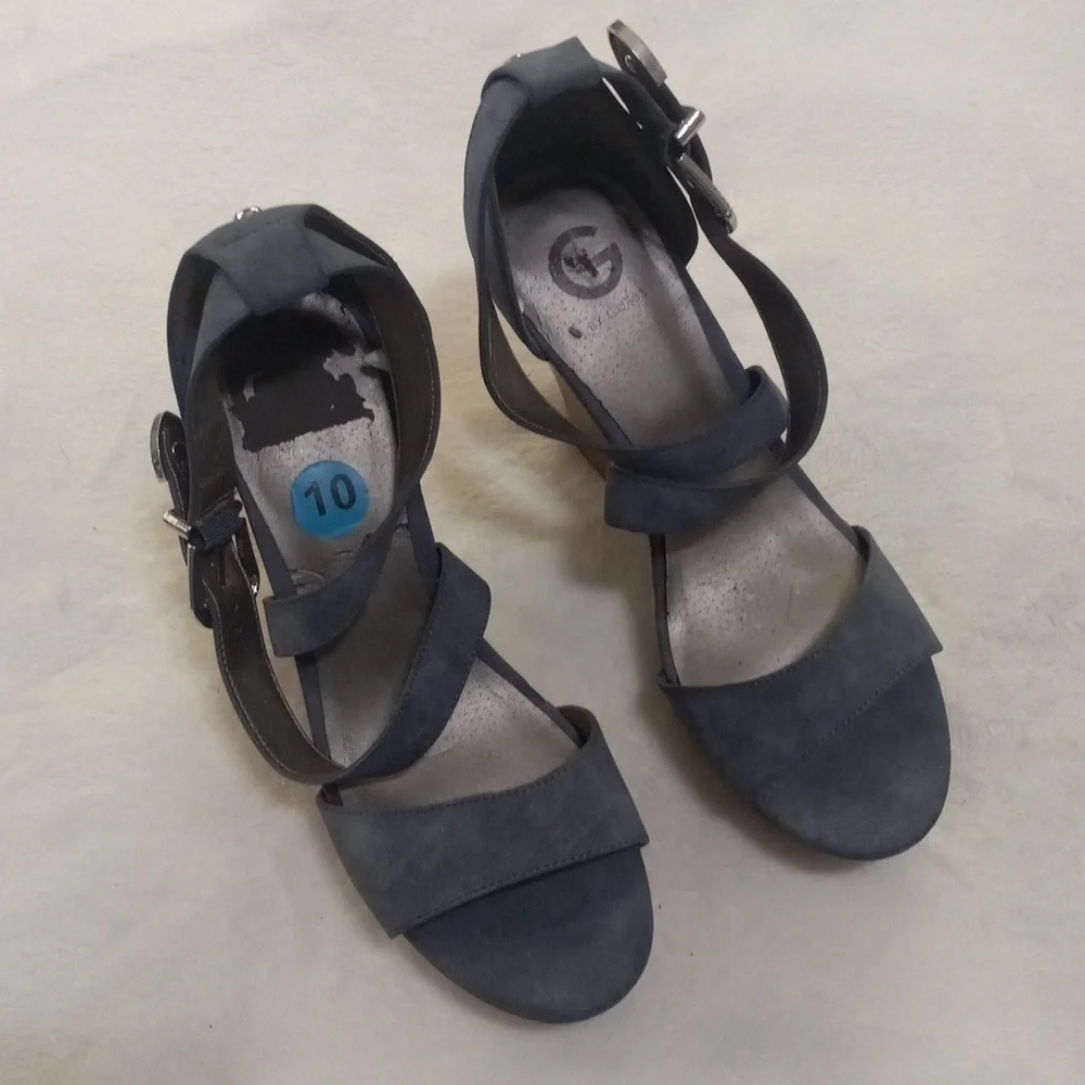 G by Guess Steel Blue Strappy Platform Wedge Sandals Faux Wood Heel NWOT Size 10
